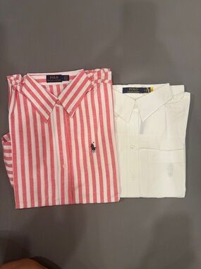 Ralph Lauren Pink & White Striped and White Button-Front Tops (Pair)